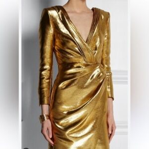 YSL, Saint Laurent 2014 Runway Gold Lamé Long Sleeves Mini Dress